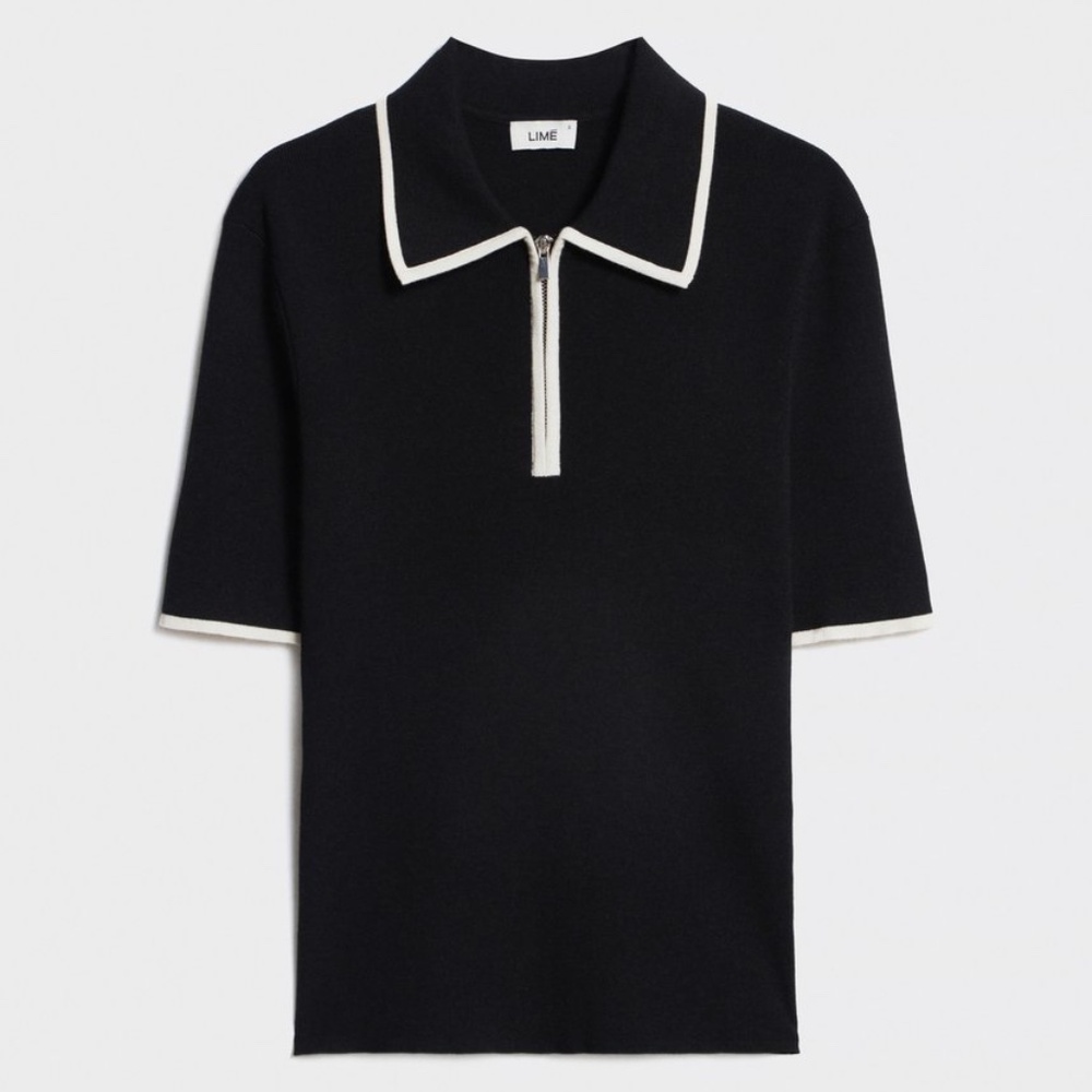 Lime Black & White Polo Collar Short Sleeve Sweater in Small